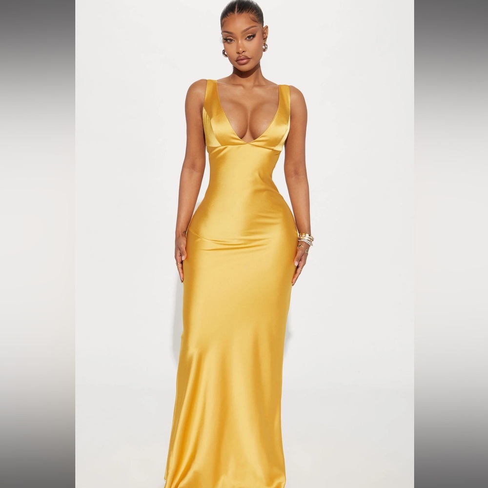 Fashion Nova Gold Satin Backless Evening Gown